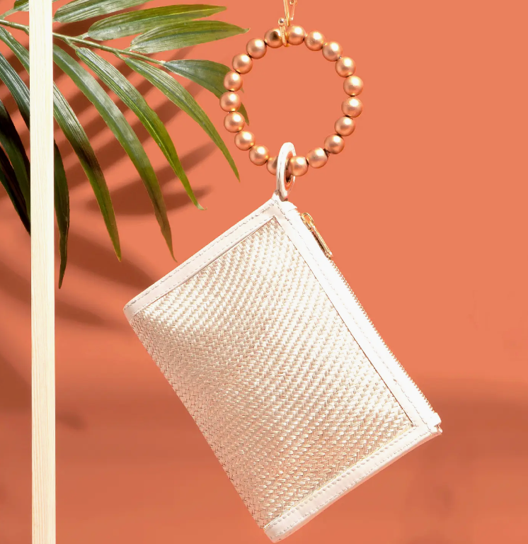 Woven Luxe Gold Bead Handle Wristlet Pouch | Luxury Resort