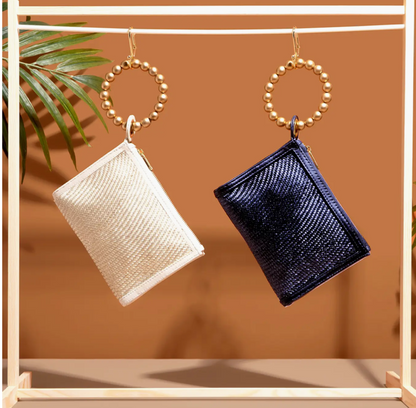 Woven Luxe Gold Bead Handle Wristlet Pouch | Luxury Resort